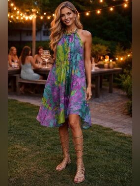 Vibrant Tropical Halter Mini Dress with pockets, Sz Small